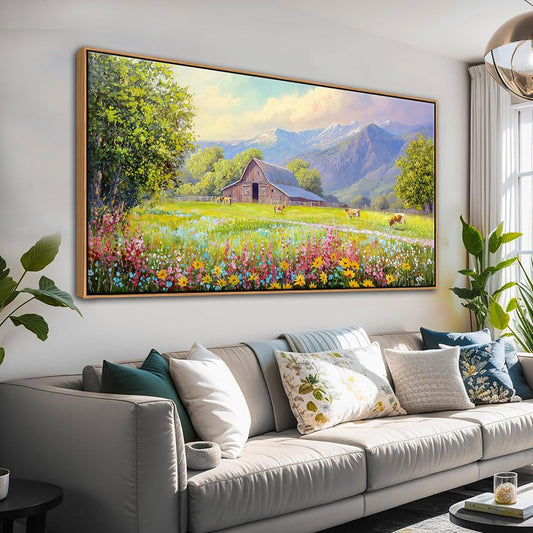 AJAZIKO Rustic Mountain Wall Art,Farmhouse Landscape Wall Decor with Highland Cow & Floral Art - Nature & Country Artwork for Living Room, Bedroom & Walls - Framed Flower Pictures for Home 24x48IN