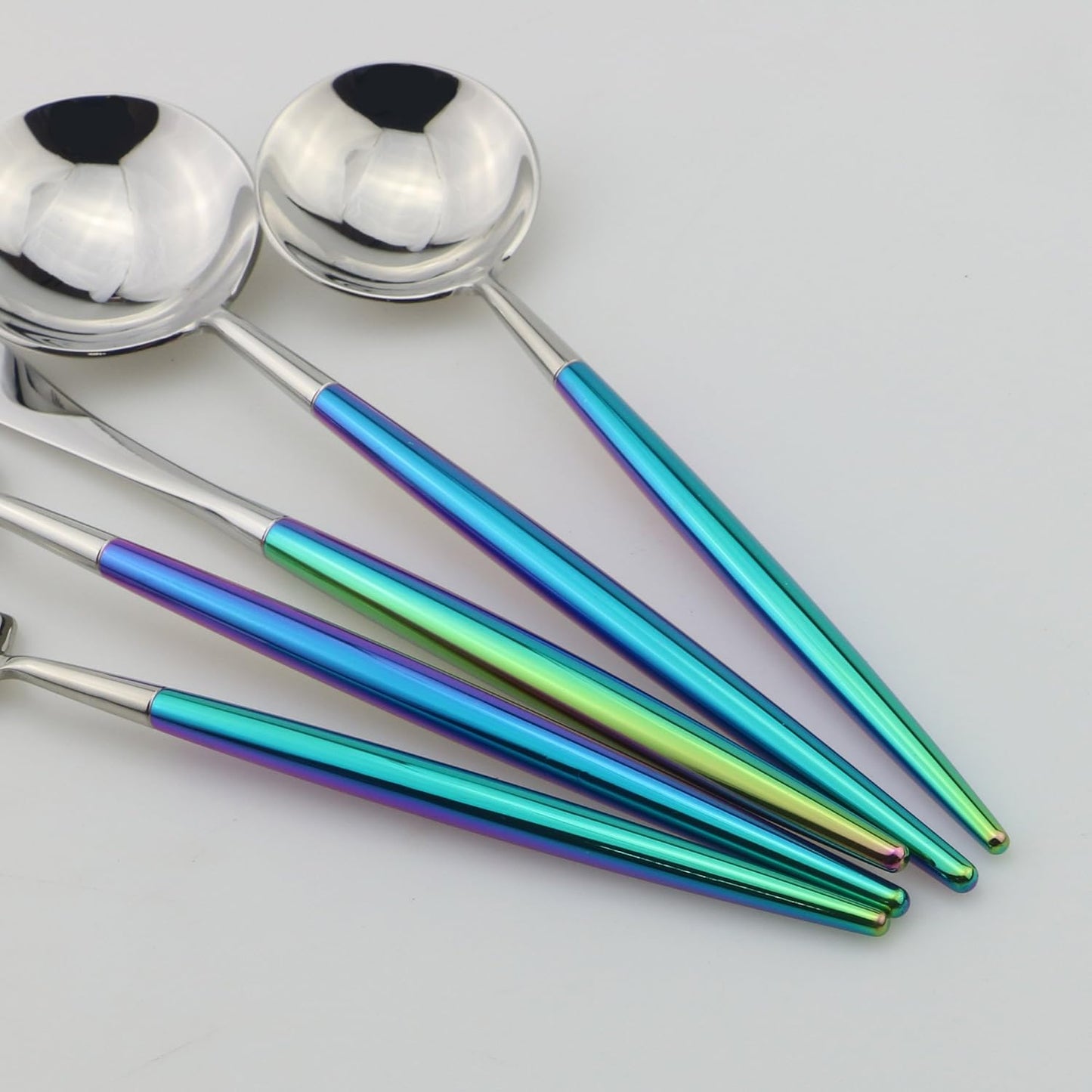 5-Piece Coloful Rainbow Handle Silver Flatware Set, Mirror 18/10 Stainless Steel, Service for 1