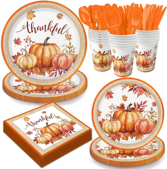 Autumn Harvest Thanksgiving Party Supplies Set - Complete Disposable Dinnerware Set for Thanksgiving Fall Party, Serves 24 Guests - Includes Plates, Cups, Napkins, and Cutlery