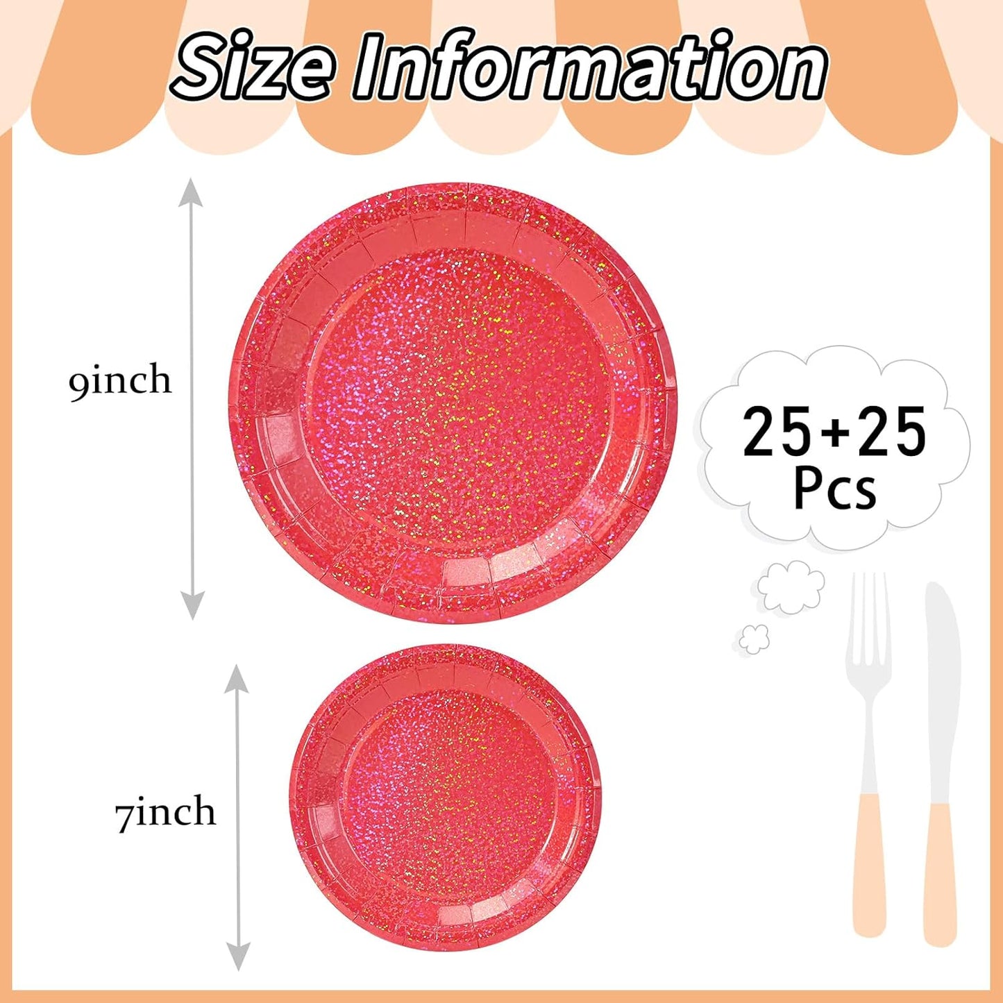 50 Pcs Iridescent Red Paper Plates 25 × 7'' and 25 × 9'' Disposable Red Shiny Holographic Foil Dinner Plates for Wedding Baby Shower Birthday Christmas Party Glitter Dessert Plate