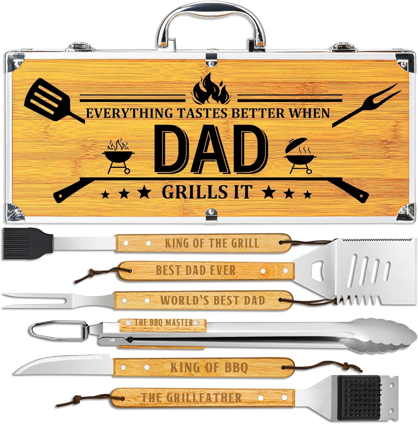 Dad Gifts from Daughter Son, Dad Grilling Birthday Gift Heavy Duty Wooden BBQ Grilling Accessories Kit for Backyard, Thick Stainless Steel Grill Utensils with Non-Slip Handle Tools in Portable Bag