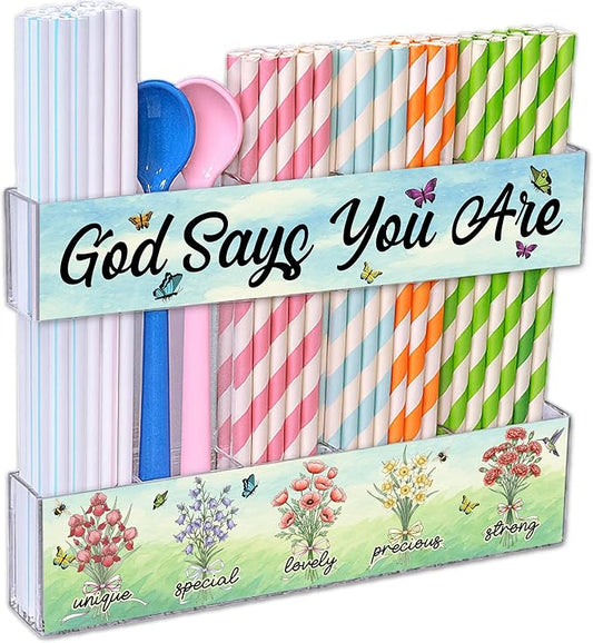 Acrylic Straw Holder for Cabinet Door or Countertop - Clear Organizer & Dispenser with Stickers for Reusable Tumbler Straws, Space-Saving Kitchen Accessories Container, Cupboard Storage