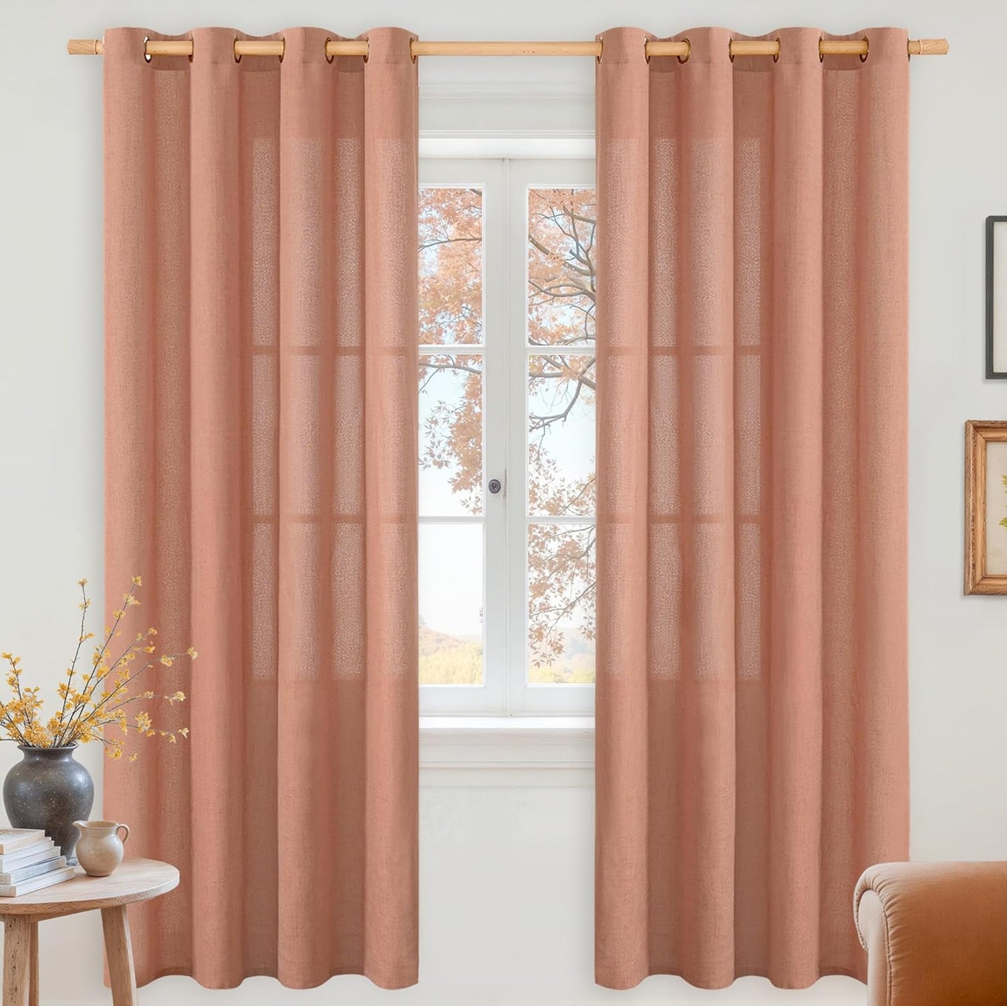 YoungsTex Terracotta Linen Curtains 72 Inch Length for Living Room, Burnt Orange Semi Sheer Window Drapes with Bronze Grommet Light Filtering for Bedroom Fall Decorative, 52 x 72 Inch, 2 Panels