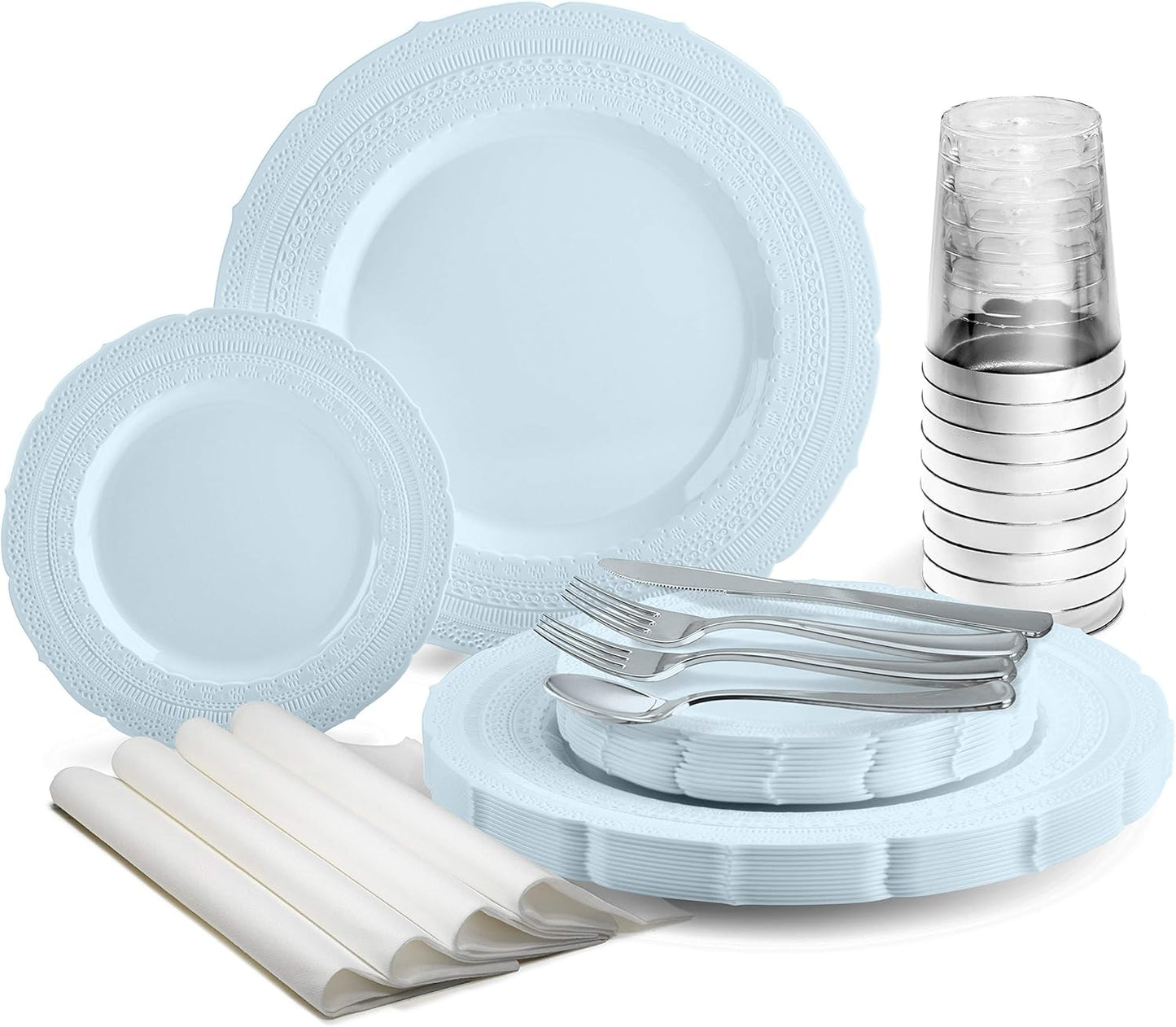 " OCCASIONS " 200pcs set (25 Guests)-Extra Heavyweight Vintage Wedding Disposable/Reusable Plastic Plates -25x 11'' + 25x 8.25''+Silverware+Cups+Napkins (Chateau Collection in Blue)