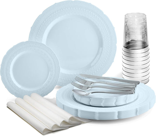 " OCCASIONS " 200pcs set (25 Guests)-Extra Heavyweight Vintage Wedding Disposable/Reusable Plastic Plates -25x 11'' + 25x 8.25''+Silverware+Cups+Napkins (Chateau Collection in Blue)