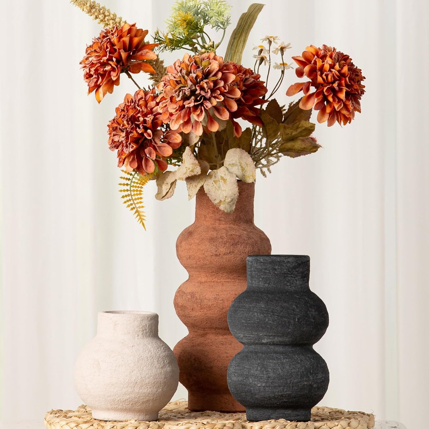 Ceramic Vase Home Table Decor - Flower Vase Set of 3 Living Room Kitchen Decorations Farmhouse Modern Rustic Vases Decorative Centerpiece for Shelf Bedroom Office Bathroom Dining Coffee Desk
