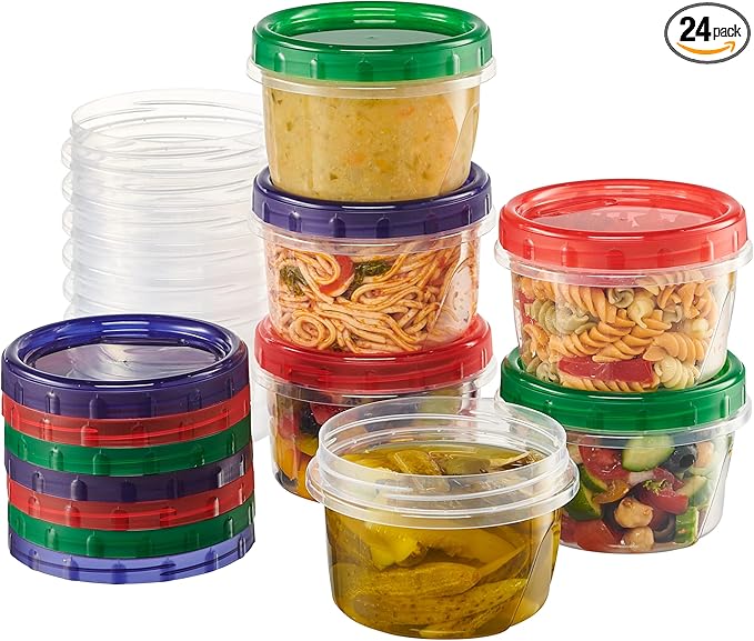 Twist Top Food Storage Containers 16 oz 24 Pack Plastic Freezer Storage Containers Leakproof Reusable with Screw on Colored Lids