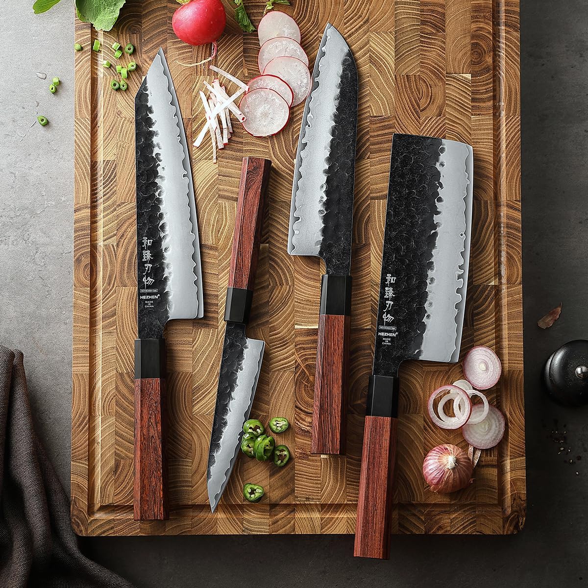 HEZHEN Kitchen Knife Set 4PCS, Clad Steel Chef Knife Nakiri Forged Steel Santoku, Wooden Octagonal Handle