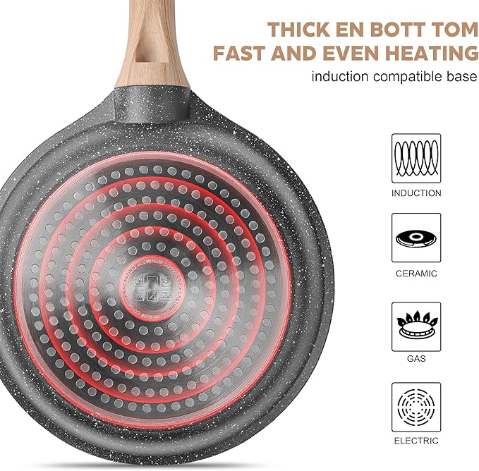 Caannasweis Nonstick Granite Frying Pan Skillet, Non Stick Omelette Fry Pans, Omelet Egg Pan, Stone Cookware Chef's Pan, Induction Compatible, PFOA Free (Gray, 12 Inch with Lid)