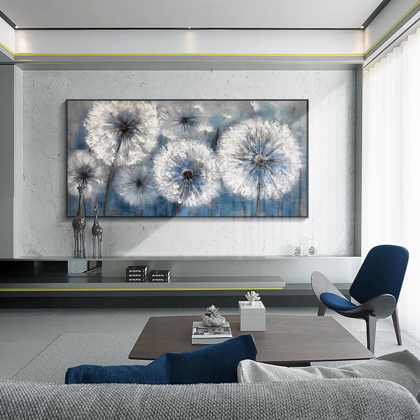 Pogusmavi Dandelion Wall Art Blue Wall Decor Painting Living Room Plant Pictures Framed Paintings for Wall Decorations Artwork for Walls Dining Room Decor 29x58 Black Framed