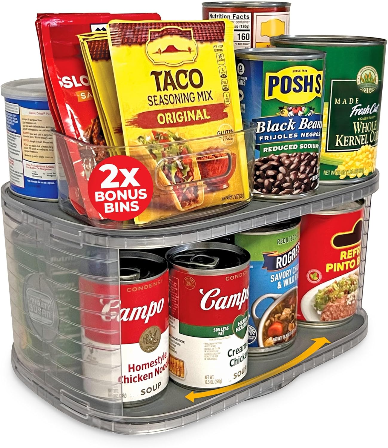 Mighty Susan Kitchen Organizer for Canned Goods: 2-Tiered Robust Turntable Organizer for Cabinet/Pantry. Steel Reinforced Holds Up To 30 lbs. Rotates 360° for Maximum Visibility. Includes 2 Bonus Bins