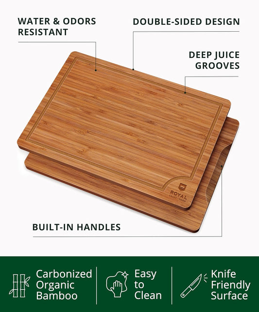 ROYAL CRAFT WOOD Wooden Cutting Boards for Kitchen Meal Prep & Serving - Bamboo Wood Serving Board Set with Deep Juice Groove Side Handles - Charcuterie & Chopping Butcher Block for Meat (3 Pcs)