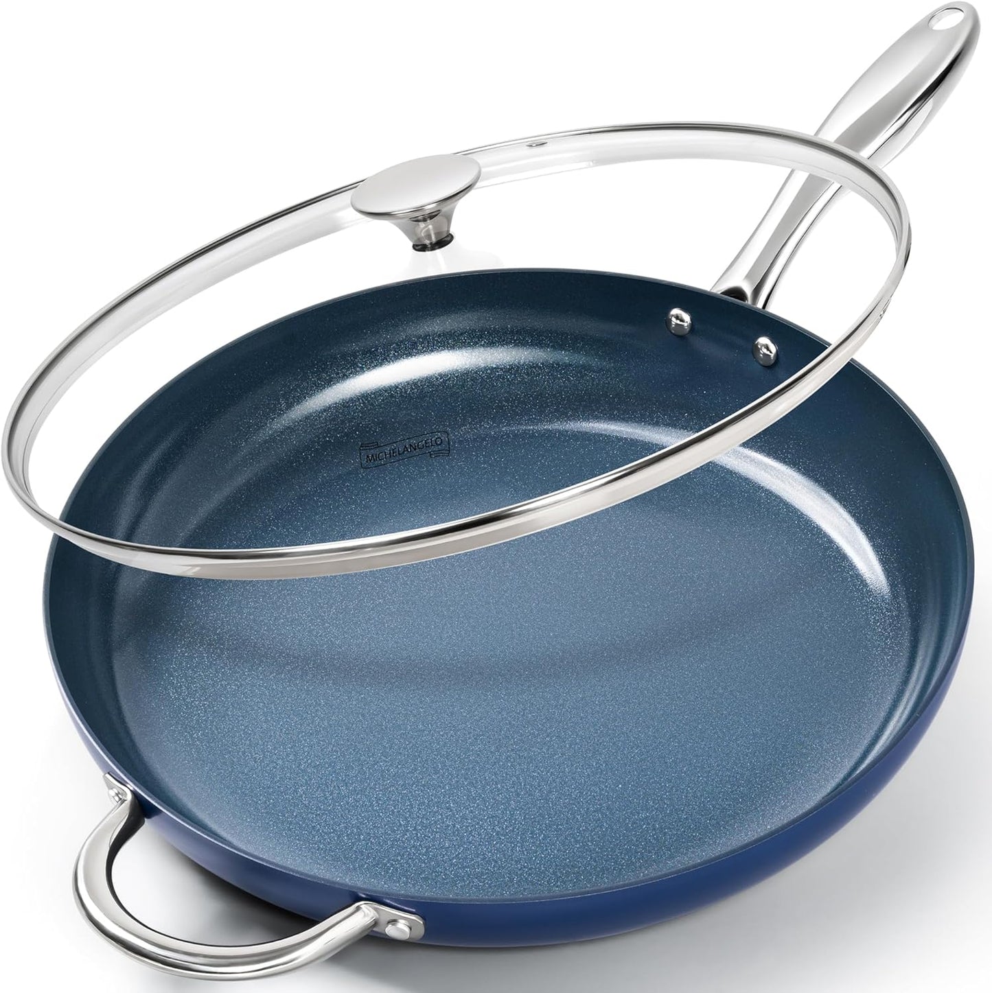 MICHELANGELO Large Frying Pan with Lid, 14 Inch Blue Frying Pan with Nonstick Diamond Infused Coating, Nonstick Frying Pans, Ceramic Fry Pan, Non-Toxic