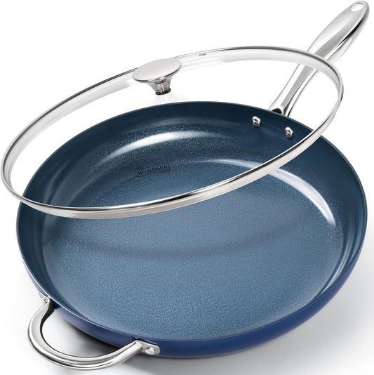 MICHELANGELO Large Frying Pan with Lid, 14 Inch Blue Frying Pan with Nonstick Diamond Infused Coating, Nonstick Frying Pans, Ceramic Fry Pan, Non-Toxic