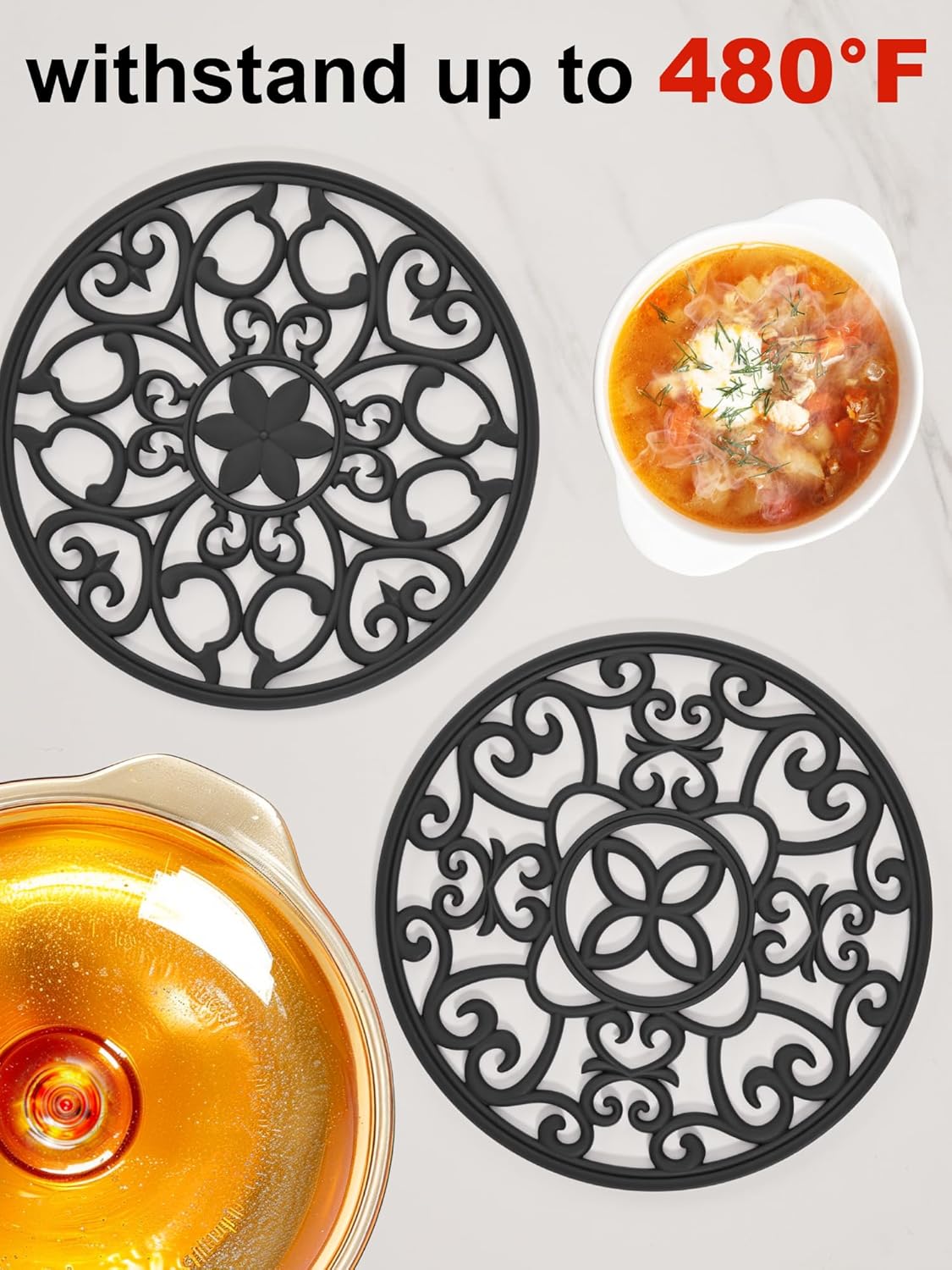SMARTAKE 3 Set Silicone Trivet Mats, Multi-Use Carved Trivet Mat, Insulated Non-Slip Durable Kitchen Mats, Flexible Modern Kitchen Table Mat, for Hot Dishes, Pots, Dining Countertop, Black