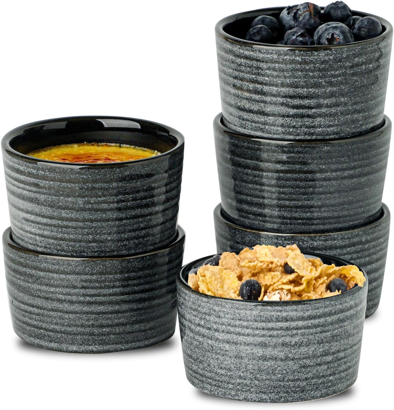 Hasense 4 oz Ramekins Oven Safe,Ceramic Creme Brulee Dish for Baking Set of 6,Porcelain Dipping Sauce Bowls for Pudding, Souffle,Serving Dip,Custard,Ice Cream, Grey