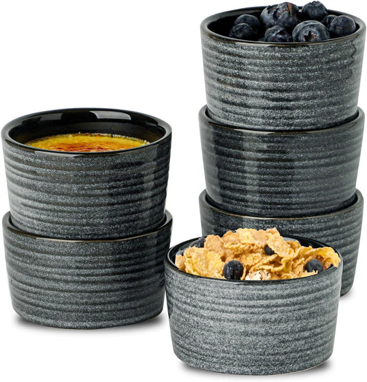 Hasense 4 oz Ramekins Oven Safe,Ceramic Creme Brulee Dish for Baking Set of 6,Porcelain Dipping Sauce Bowls for Pudding, Souffle,Serving Dip,Custard,Ice Cream, Grey