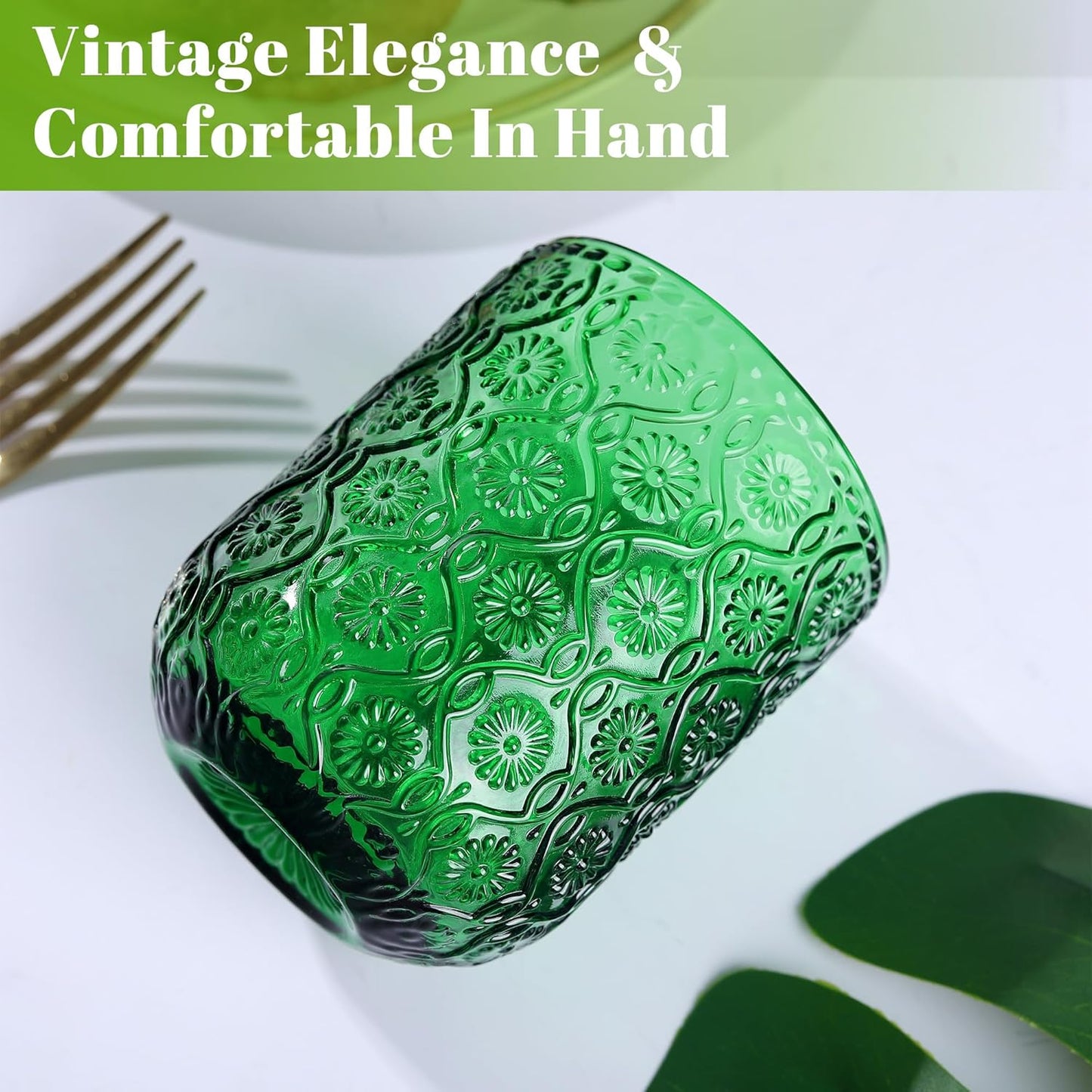 Joeyan Small Drinking Glasses,Vintage Green Embossed Floral Water Glass Tumbler Cups,Colored Beverages Cocktail Juice Wine Glassware,9 oz,Set of 4,Dishwasher Safe