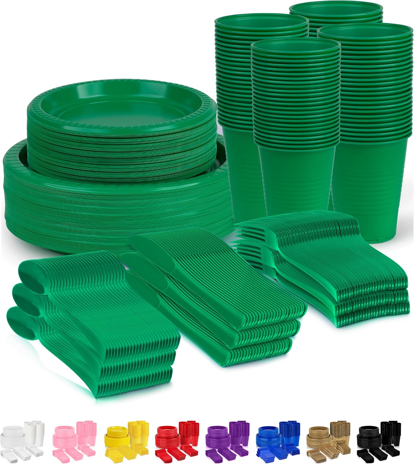 Grandipity 720 Piece Green Disposable Dinnerware Set, Plastic Dinnerware Set Includes 120 Count 9' Dinner Plates, 7' Dessert Plates, 12oz Cups, Forks, Knives & Spoons