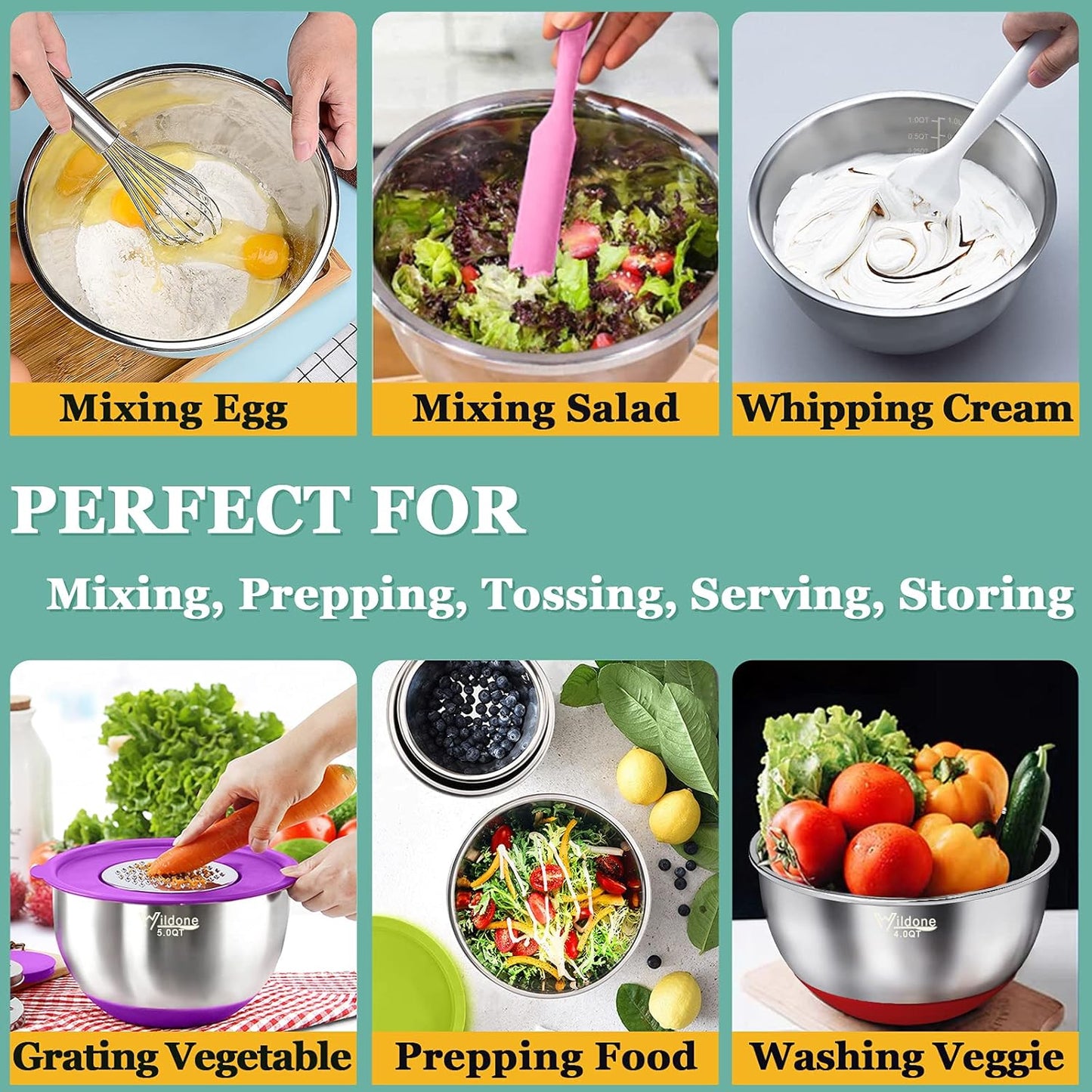 Wildone Mixing Bowls with Airtight Lids, 22 PCS Stainless Steel Mixing Bowls Set, 3 Grater Attachments, Measurement Marks & Non-Slip Bottom, Size 5, 4, 3, 2,1.5, 0.63QT, Ideal for Mixing & Prepping