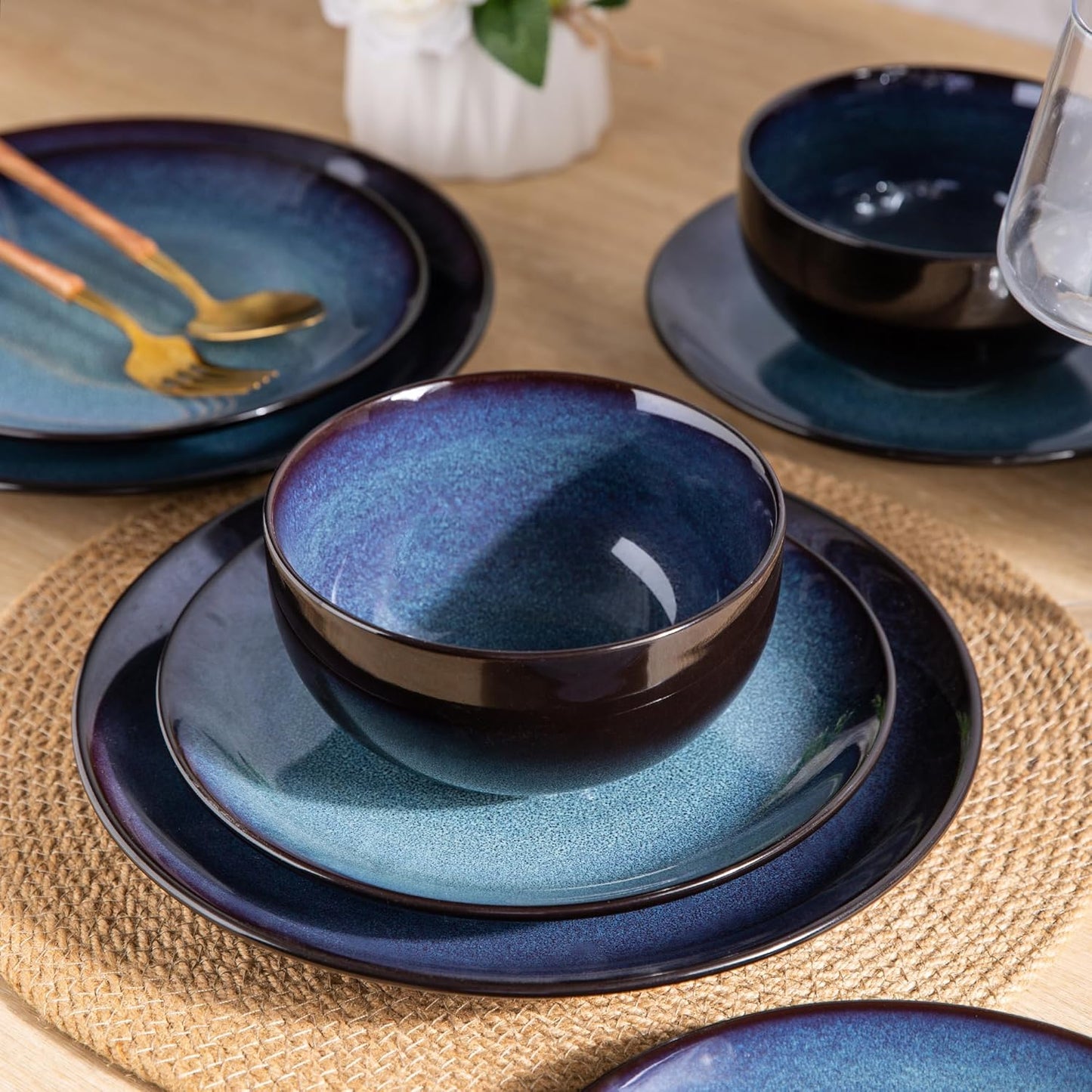 LERATIO Ceramic Dinnerware Sets for 8,Stoneware Plates and Bowls Sets,Handmade Reactive Glaze Dishes Set,Chip Resistant and Scratch Resistant | Oven&Dishwasher & Microwave Safe-Blue(24PCS)