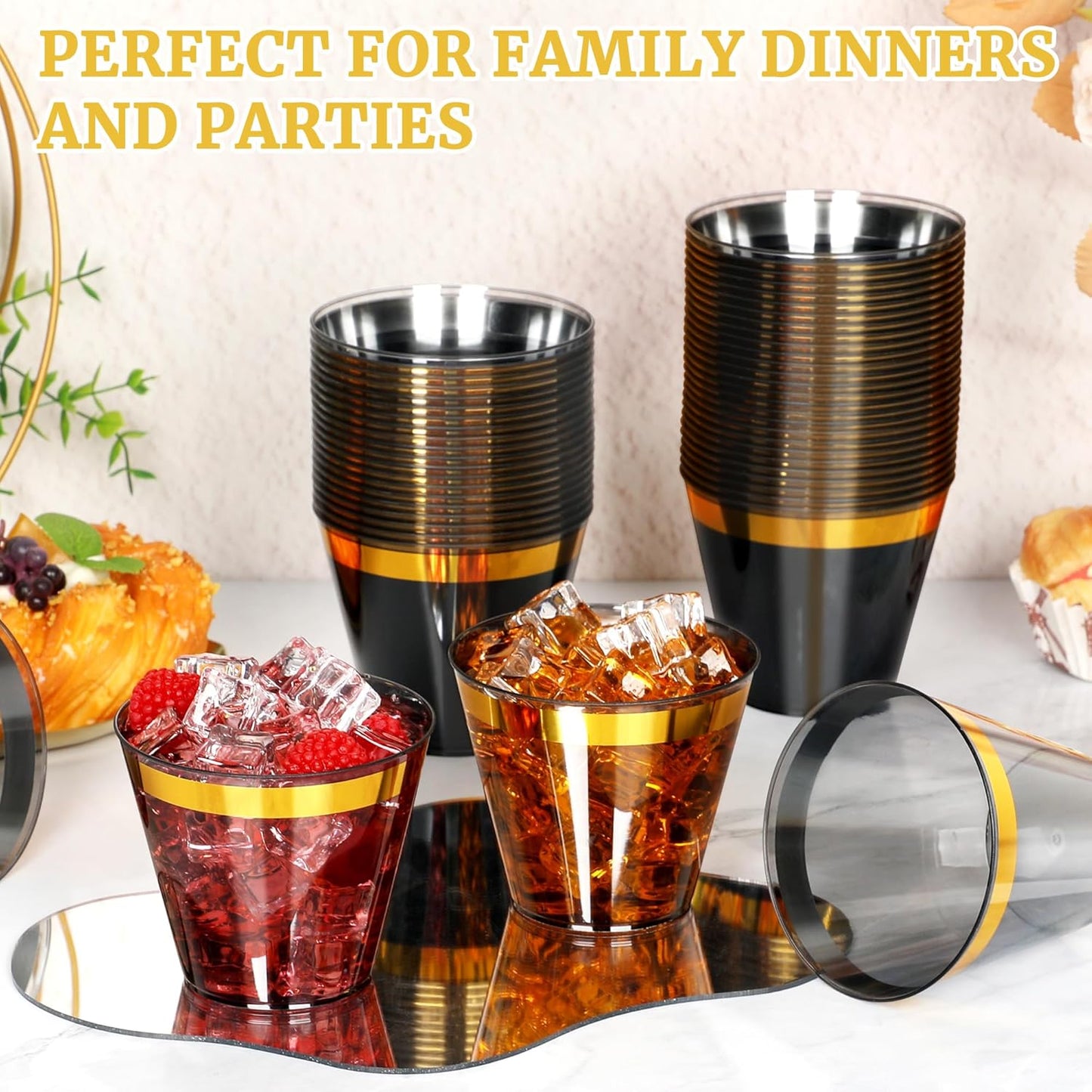 100 Pcs Gold Black Plastic Cups,9Oz Clear Disposable Cups with Gold Rim,Heavy Duty Clear Disposable Plasitc Cocktail Glasses Tumblers Wine Cup for Party,Wedding,Birthday,Christmas