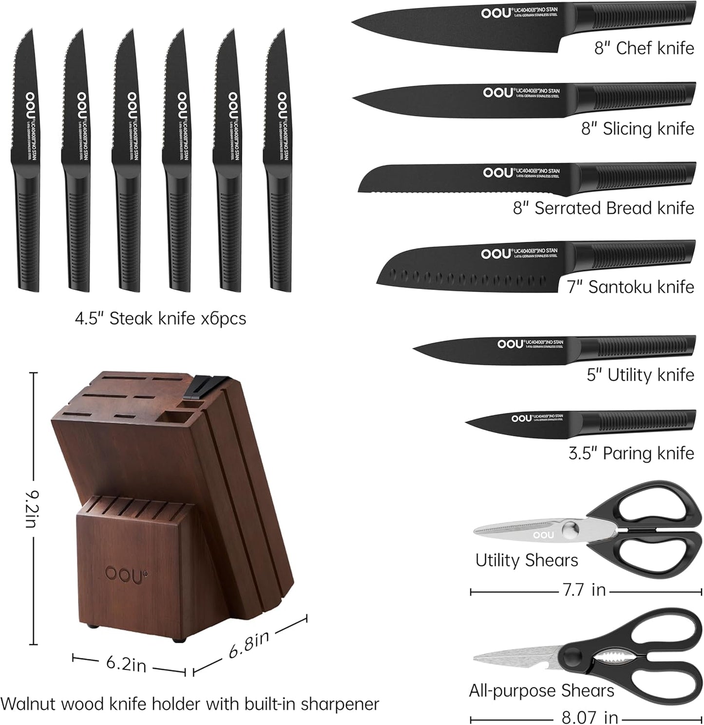 OOU Kitchen Knife Set - 15 Pcs High Carbon Stainless Steel Chef Knife Sets, Dishwasher Safe Black Knives Block Set With Built in Sharpener, Gifts for Men Women