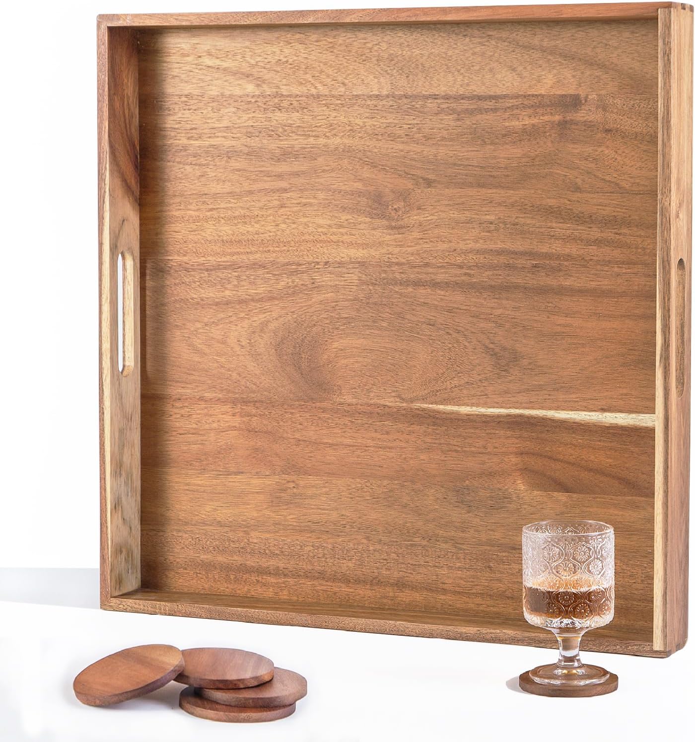 Large Trays for Ottoman Wooden Square Ottoman Tray 22 Inch Serving Tray with Handles Acacia Wood Tray for Living Room Wooden Trays with 4PCS Wood Coasters