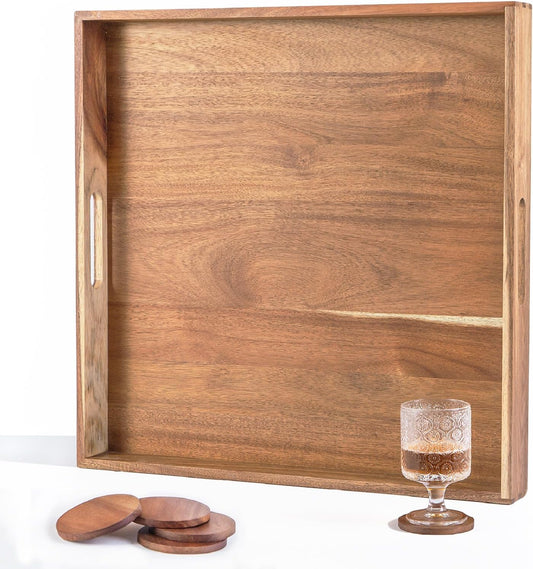 Large Trays for Ottoman Wooden Square Ottoman Tray 22 Inch Serving Tray with Handles Acacia Wood Tray for Living Room Wooden Trays with 4PCS Wood Coasters