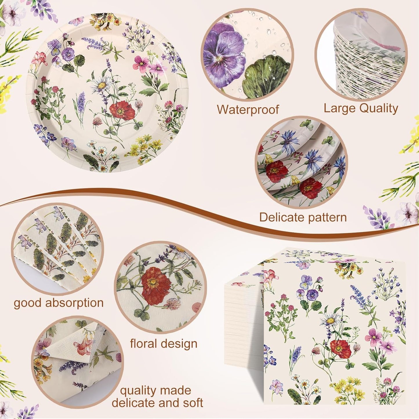 250 Pcs Wildflower Party Decorations Include Spring Summer Floral Paper Plates Napkins and Cups for Wildflower Baby Shower Tea Decorations, Serve 50 Guest(Multicolor,Rustic Style)