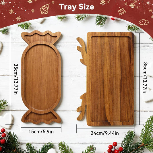 2 Pcs Christmas Charcuterie Boards, Antler & Candy Wooden Cutting Board with Handle, Acacia Wood Christmas Serving Tray for Cheese Fruit Bread Salad Vegetables Snack Dessert