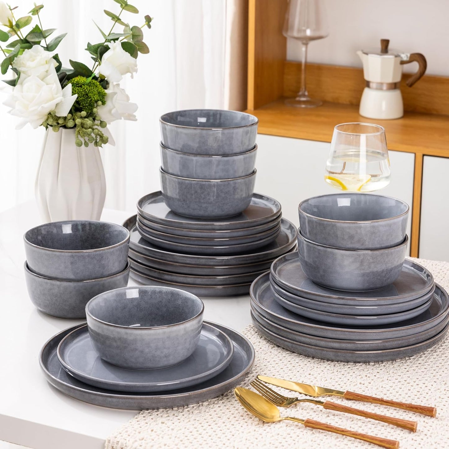 AmorArc Stoneware Dinnerware Sets,Round Reactive Glaze Ceramic Plates and Bowls Sets,Highly Scratch Resistant | Microwave & Dishwasher Safe,Service for 8 Dishes Set (24pc)