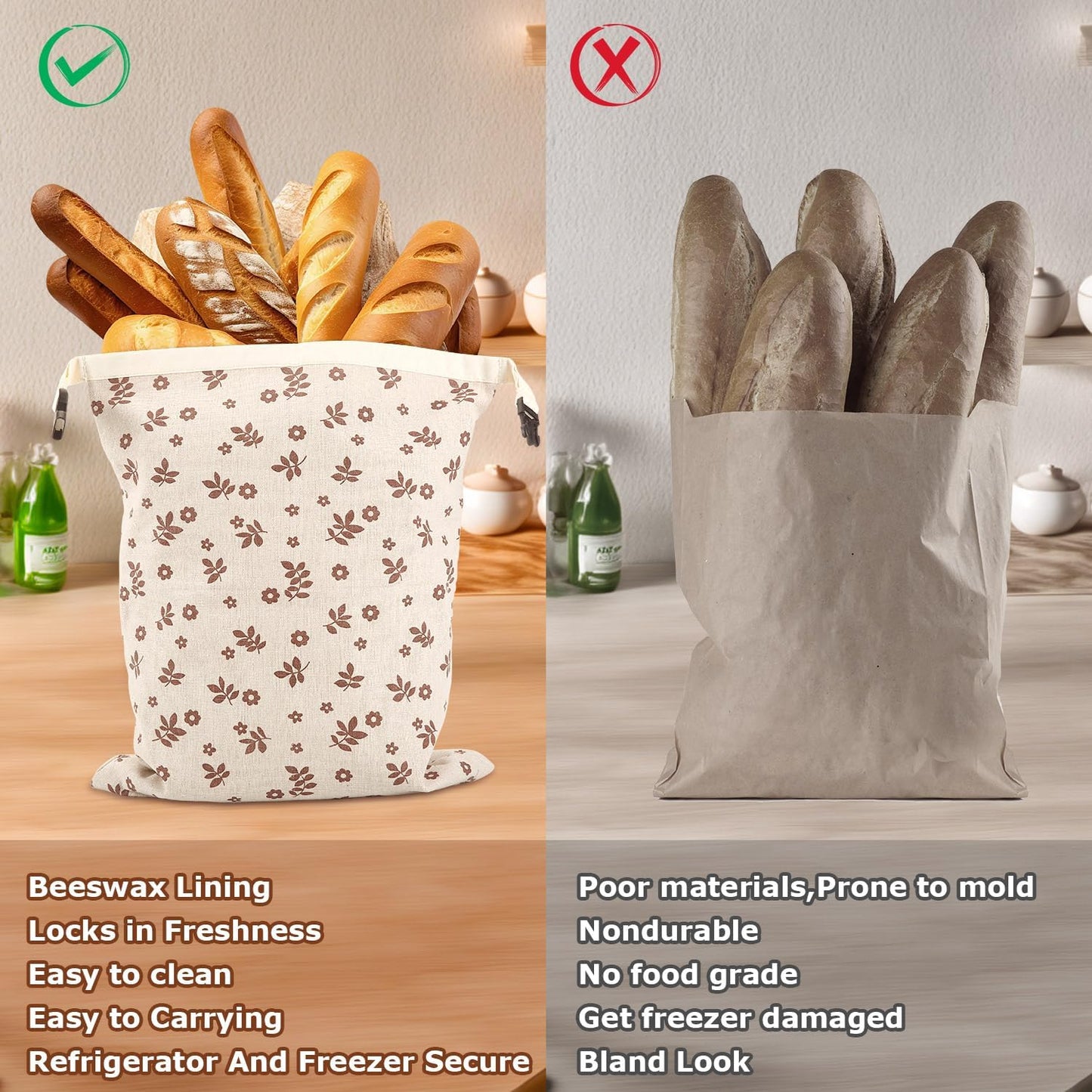 Sourdough Bread Bags, Reusable Organic Linen Beeswax Bread Bag 17 x 13 Inches, Keep Freshand and Upgrade Large Sourdough Loaf Bag, Coffee Leaf Print Design Storage Bag for Gift