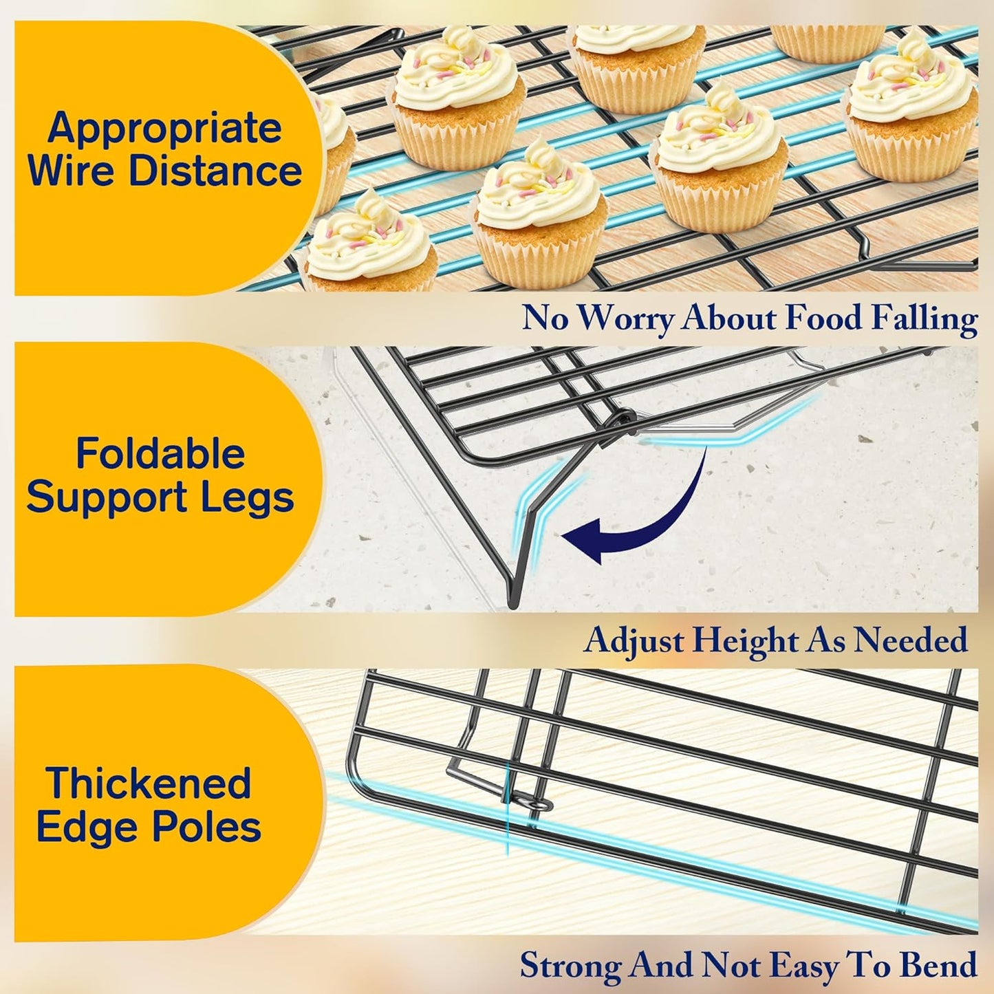 3 Tier Stackable Cooling Rack for Batch Cooling Cookie, Pizza, Cake-15.8”x 10”- Heavy Duty Cooling Racks for Cooking and Baking, Oven and Dishwasher Safe Baking Supplies-Black