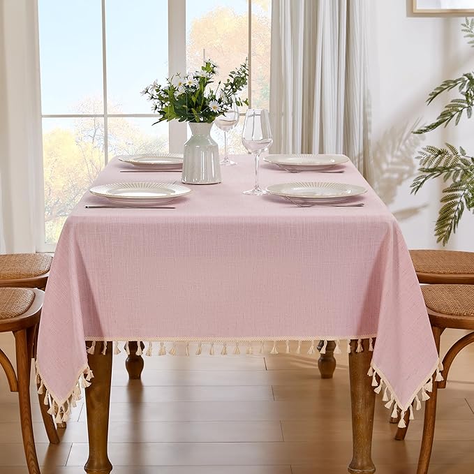 JIALE Textured Tablecloth, Heavy Duty Linen Style Farmhouse Table Cloth Rectangle Tables, Wrinkle-Free Washable Waterproof Table Cover for Kitchen, Dining, Parties, 55"x75", Pink