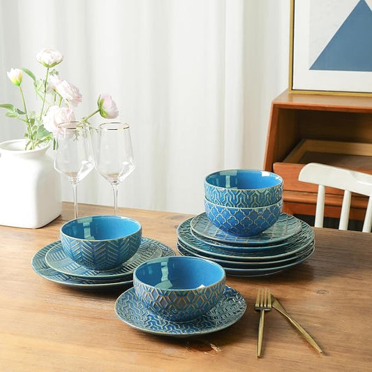 Sureasy Ceramic Dinnerware Set for 4-16 Pieces Embossed Plates and Bowls Sets, Scratch Resistant Dish Set, Microwave, Oven & Dishwasher Safe, Blue