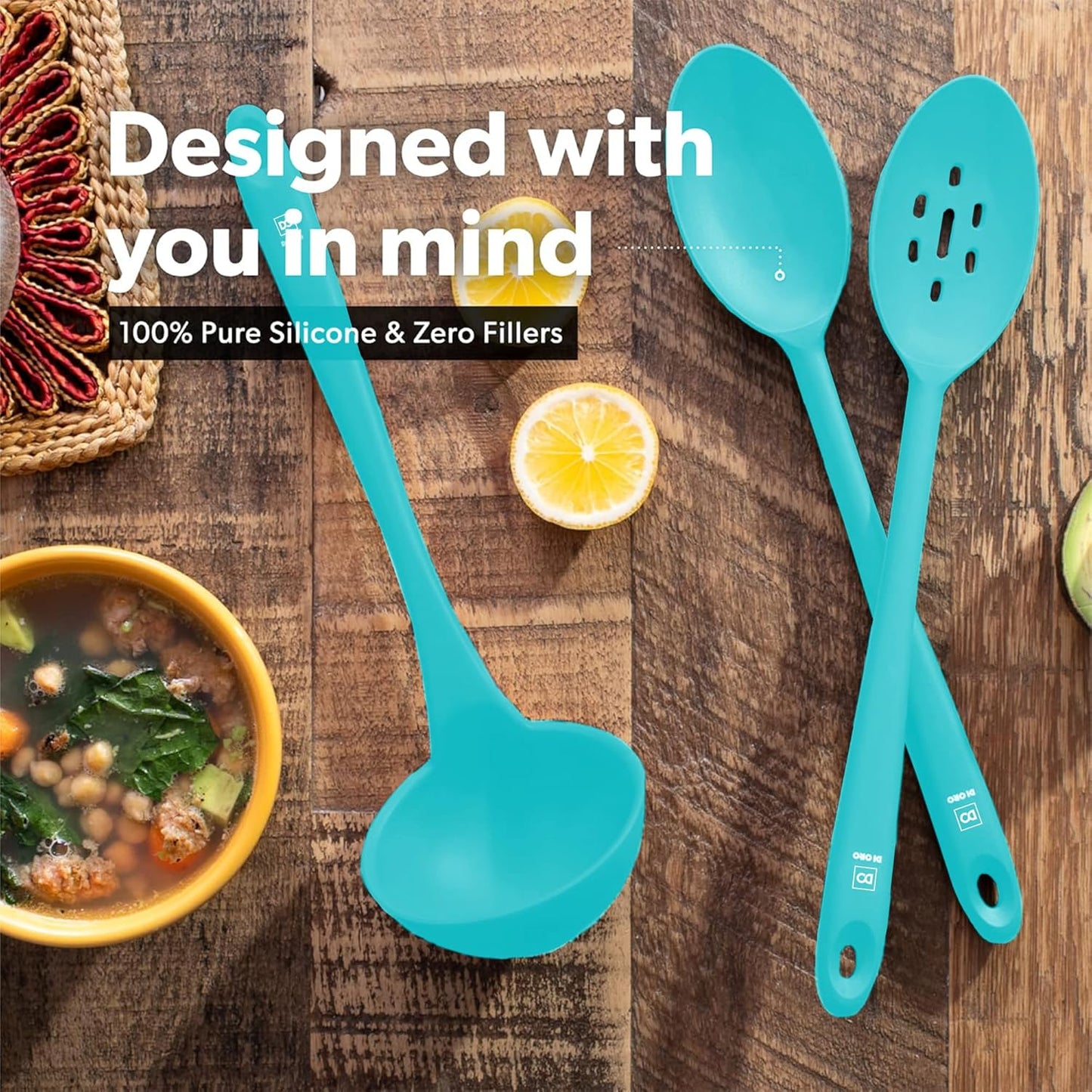 DI ORO Silicone Ladle & Spoons for Cooking – Large Kitchen Spoons for Mixing, Serving, & Stirring - Soup Ladle with Wide Bowl - High Heat Silicone Kitchen Utensils for Nonstick Cookware Safe (Teal)