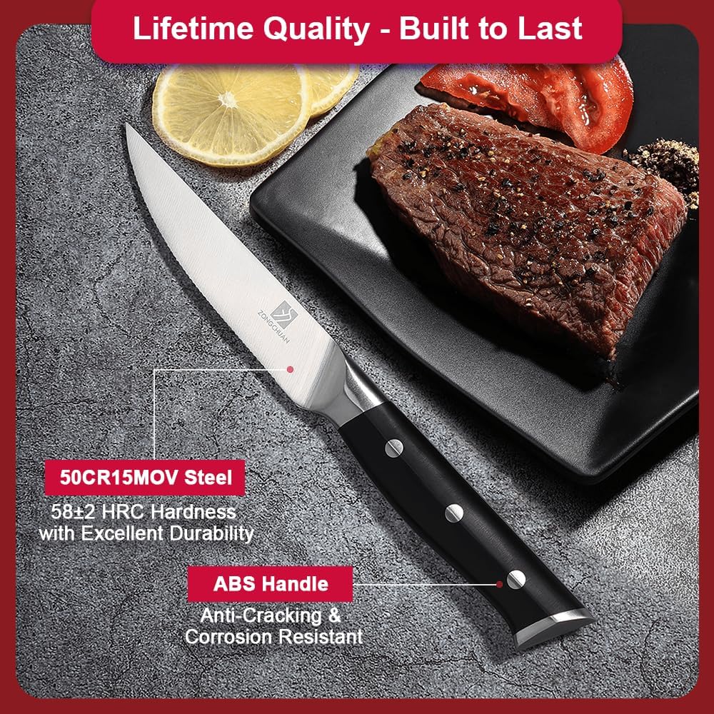 Steak Knife,4.5inch Steak Knives Set of 2,High-Carbon Stainless Steel Knife Set,Serrated Blade Sharp Knives,Dishwasher Safe,Ergonomic Black Handel,Full Tang Design With Excellent Gift
