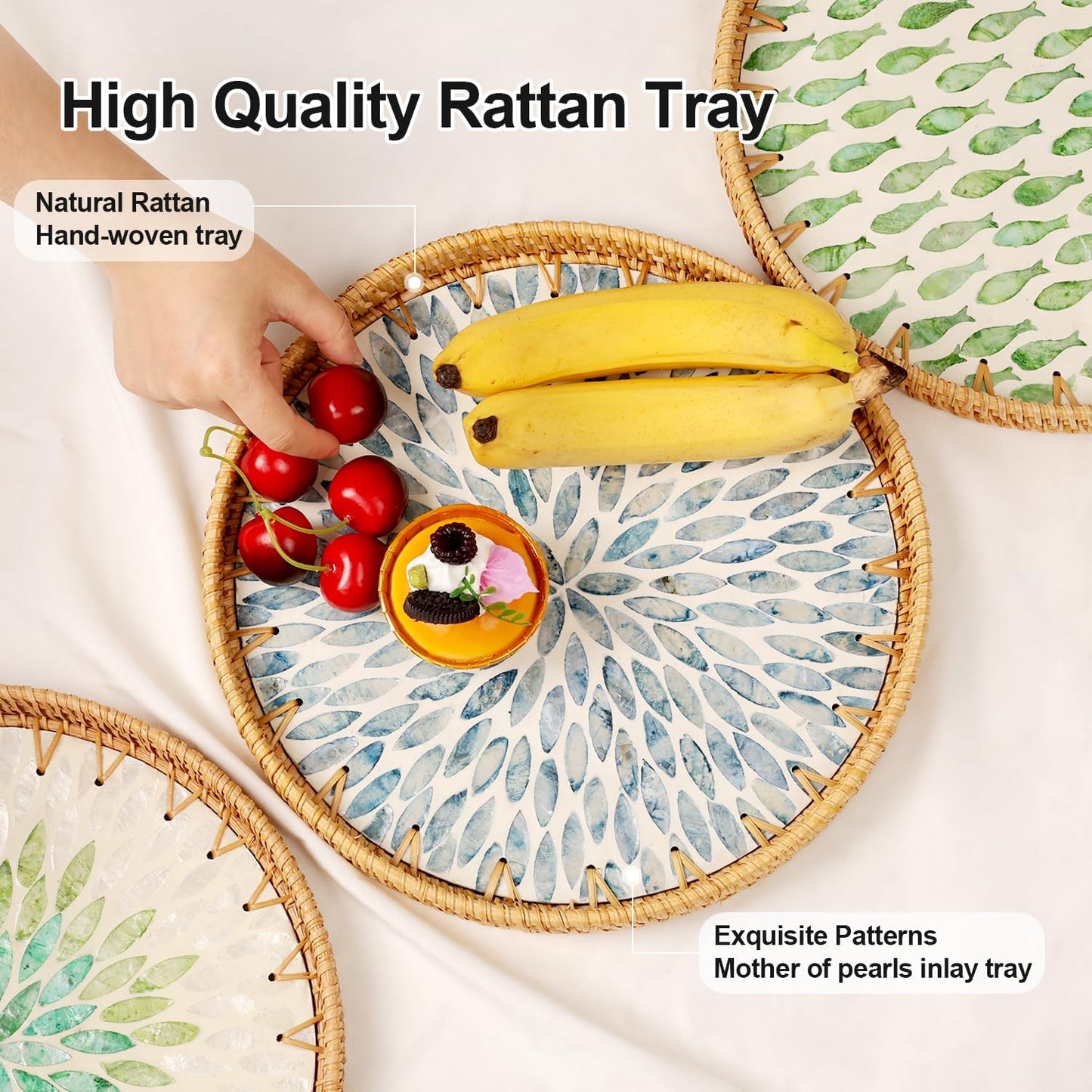 Round Rattan Tray with Mother of Pearl Inlay, Rattan Serving Tray for Coffee, Bread, Fruits, Decorative Wicker Tray for Table Decor, Home Decor, Kitchen Island Decor (Light Blue Leaf, 11.8")