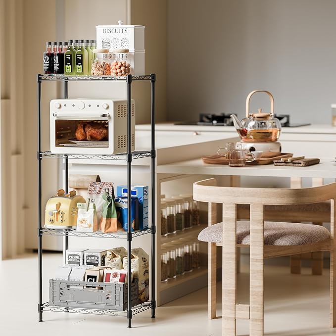 IZEUK 4 Tier Metal Wire Shelf Unit, Black Storage Rack Organizer for Kitchen, Bedroom, Living Room or Laundry Room, 17.7" W x 11.8" D x 41.9" H