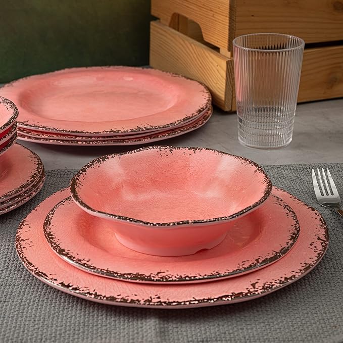 LEHAHA Melamine Dinnerware Sets, Farmhouse Dinnerware Set, Camping Dishes Set, BPA free and Lightweight, Durable Outdoor Plates and Bowls Set, Service for 4 (12 piece), (Pink)