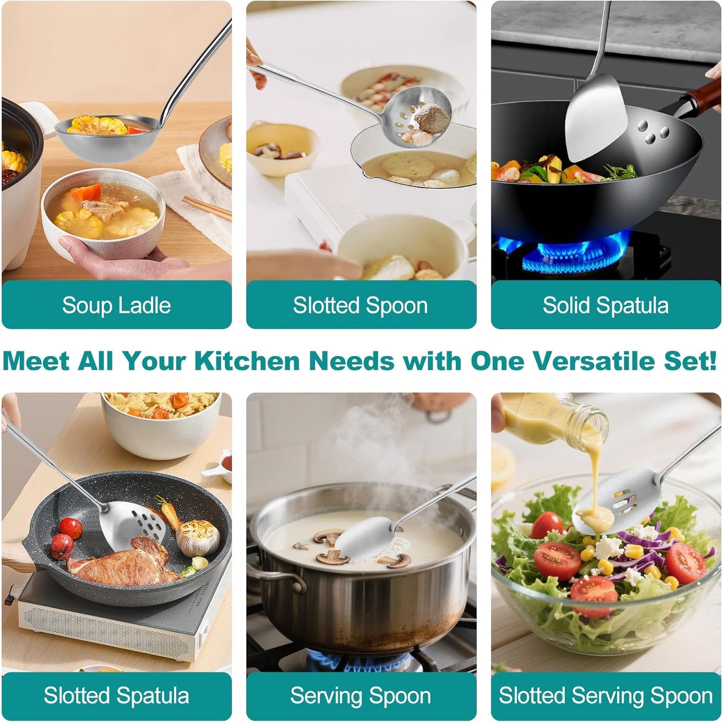 6Pcs Stainless Steel Kitchen Utensils Set – Cooking Utensils Set Stainless Steel, Metal Cooking Utensils with Wok Spatula, Serving Spoons,Ladle Set– Durable Cooking Supplies for Home and Camping