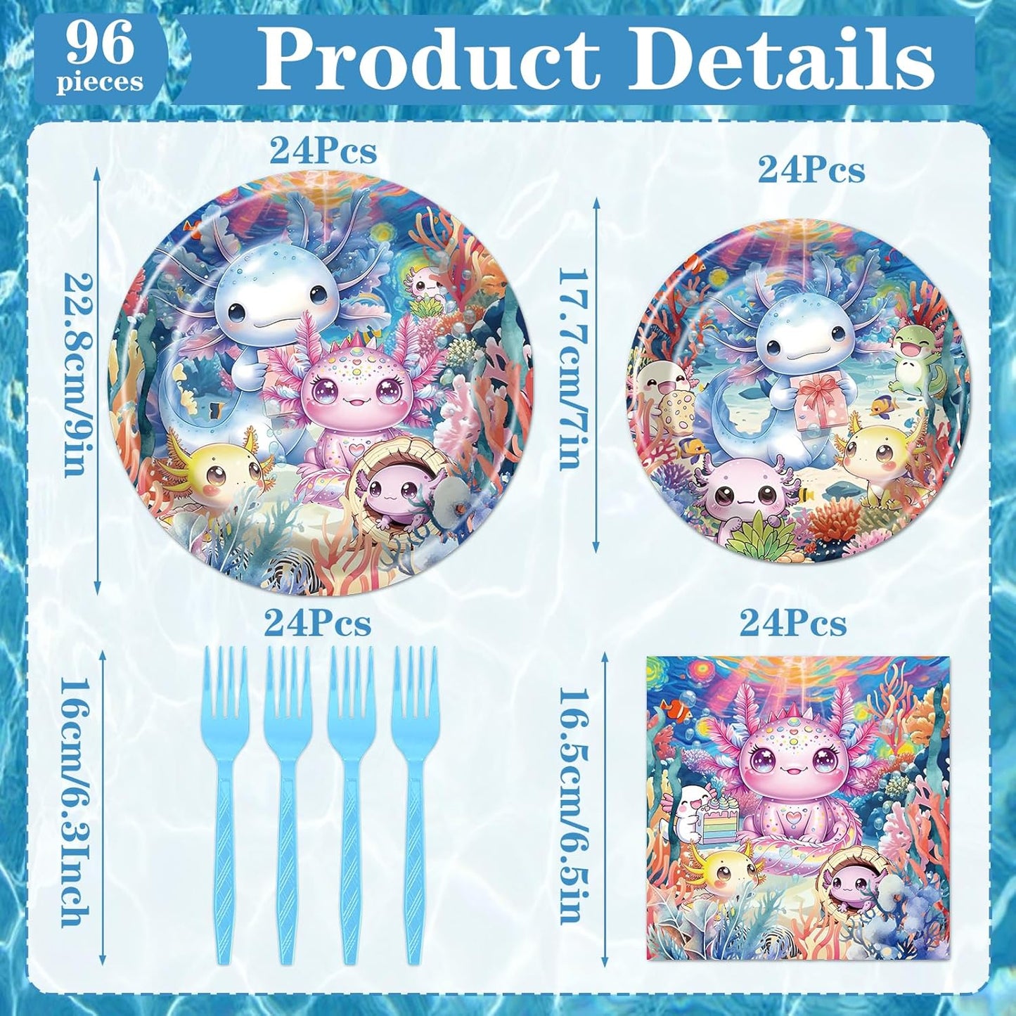 Rakuto Colorful Axolotl Birthday Decorations - 96PCS Axolotl Party Plates Napkins Forks Disposable Tableware Set, Cute Colorful Animals Themed Birthday Party Decorations Decor Supplies (Serve 24)
