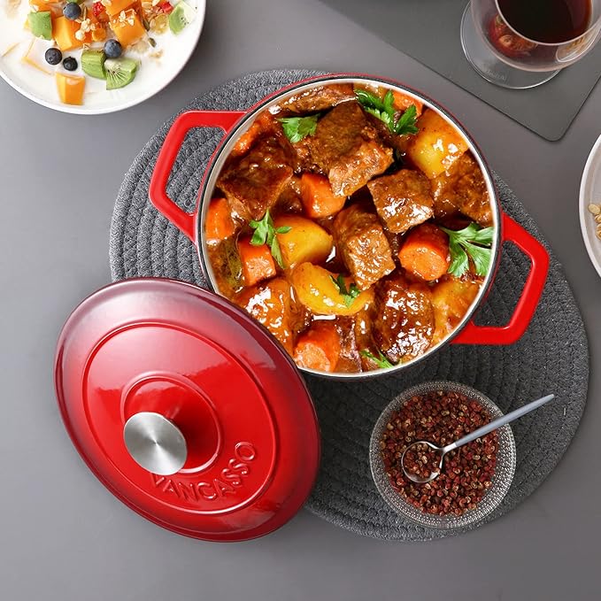 vancasso Enameled Cast Iron Dutch Oven with Lid, 3.5 QT Small Round Enamel Dutch Oven Pot for Bread Baking, Non Stick Enamel Coating, Red