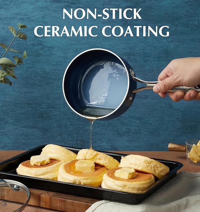 KOCH SYSTEME CS Nonstick Sauce Pan with Lid, 1 Quart Saucepan with Lid, 1 QT Nonstick Ceramic Small Sauce Pan with Stainless Steel Handle, Non-Toxic Ceramic Saucepan, Oven Safe, Gradient Blue