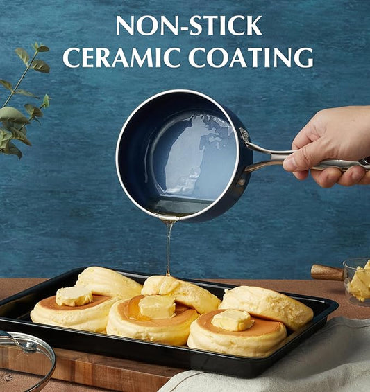 KOCH SYSTEME CS Nonstick Sauce Pan with Lid, 1 Quart Saucepan with Lid, 1 QT Nonstick Ceramic Small Sauce Pan with Stainless Steel Handle, Non-Toxic Ceramic Saucepan, Oven Safe, Gradient Blue