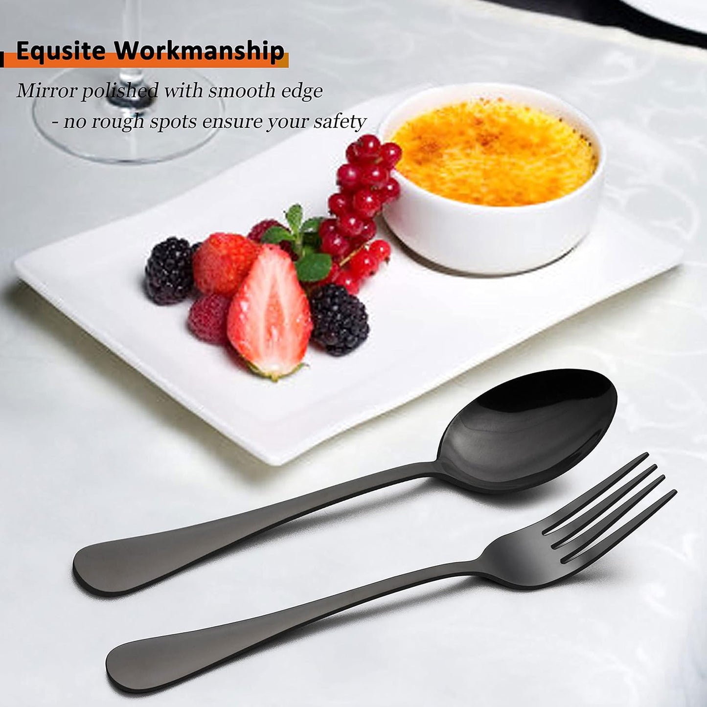 LIANYU 48-Piece Black Silverware Set with Steak Knives, Stainless Steel Flatware Cutlery Set for 8, Modern Eating Utensils Tableware, Mirror Finish, Dishwasher Safe