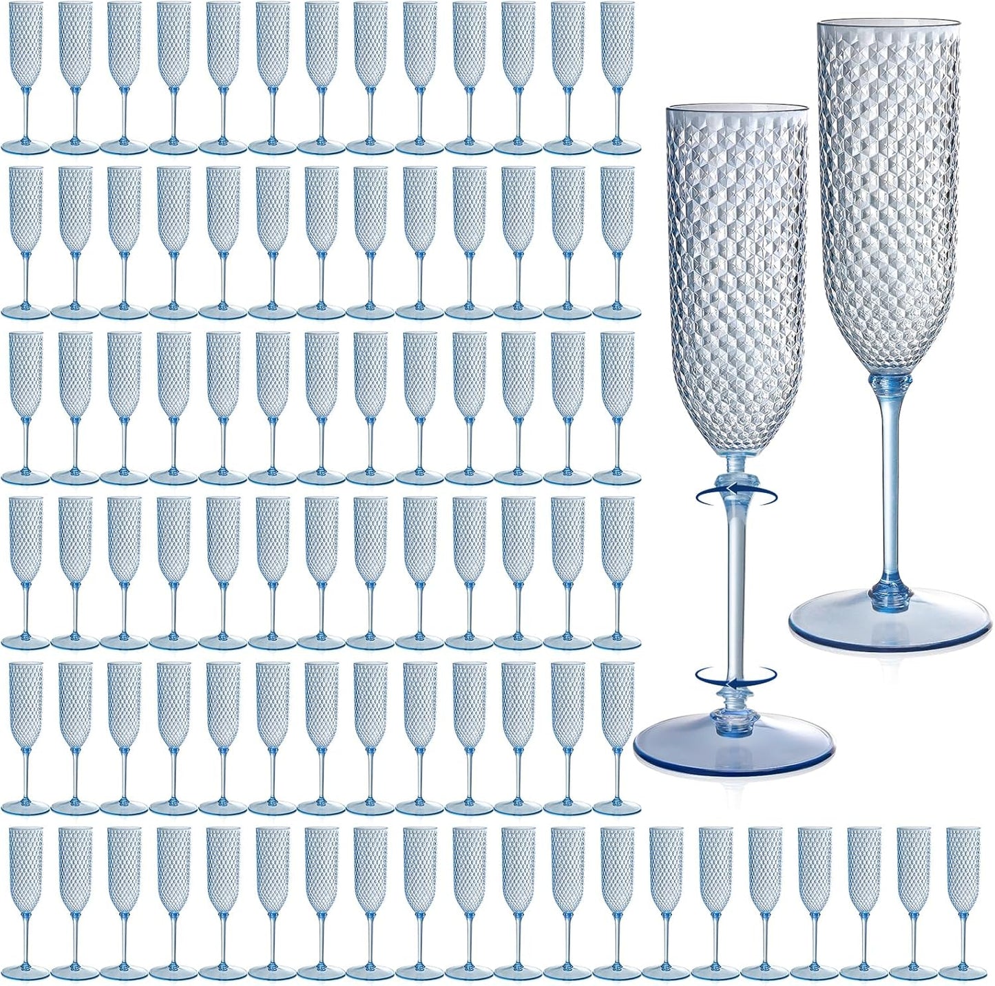 XUWAIDSGN 100 Pack Blue Detachable 2 piece Champagne Flutes 5.5 Oz Unbreakable Plastic Mimosa Disposable Champagne Glasses Drinking Cups Stemmed Reusable Wine Toasting Glasses for Wedding