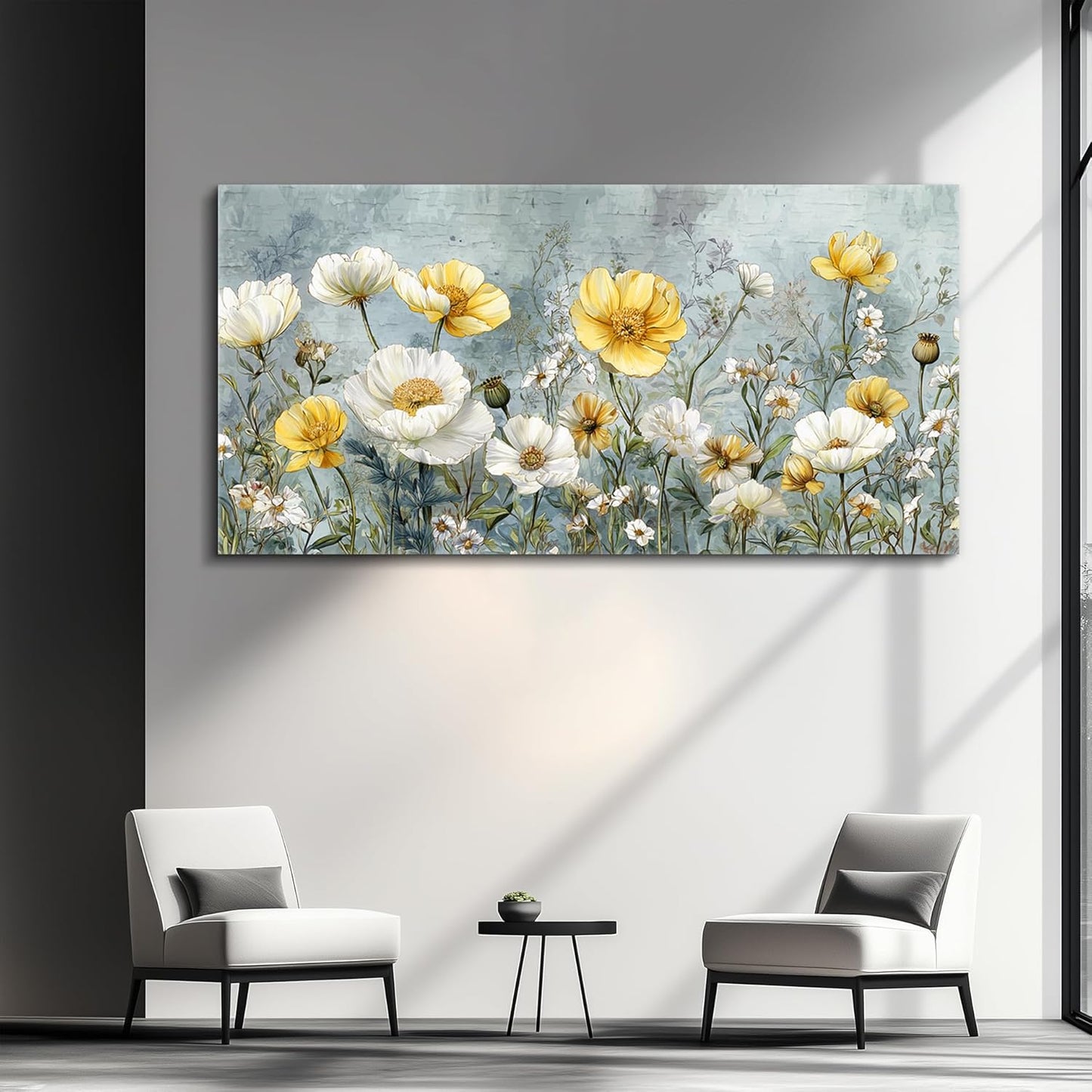 QIYILEXWART Canvas Wall Art For Living Room Large Wall Decor For Office Bedroom Decorations Yellow White Flowers Landscape Pictures Farmhouse Painting Artwork Room Wall Mural Aesthetic Home Decor 30x60 In