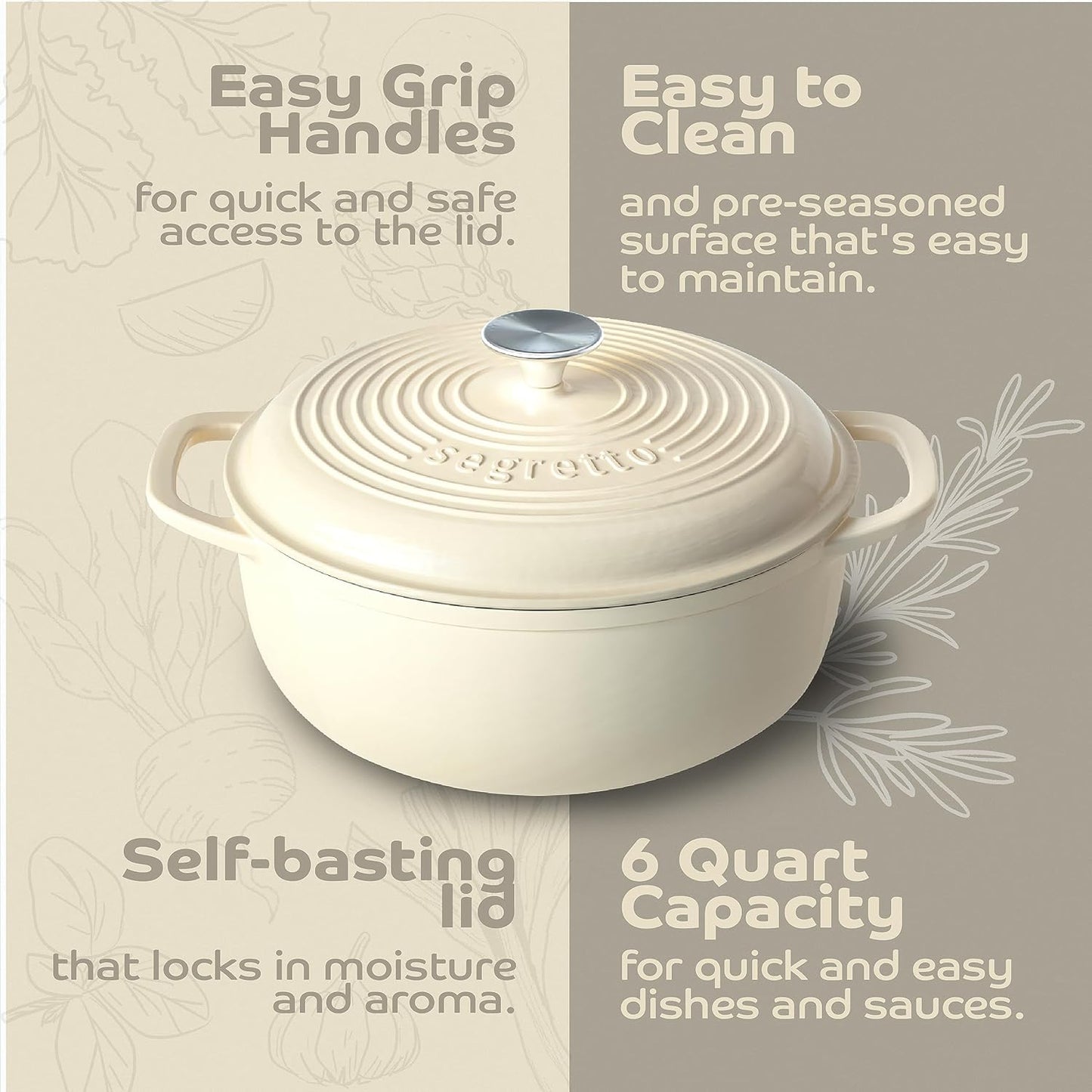 Segretto Cookware Enameled Cast Iron Dutch Oven, 6 Quarts, White